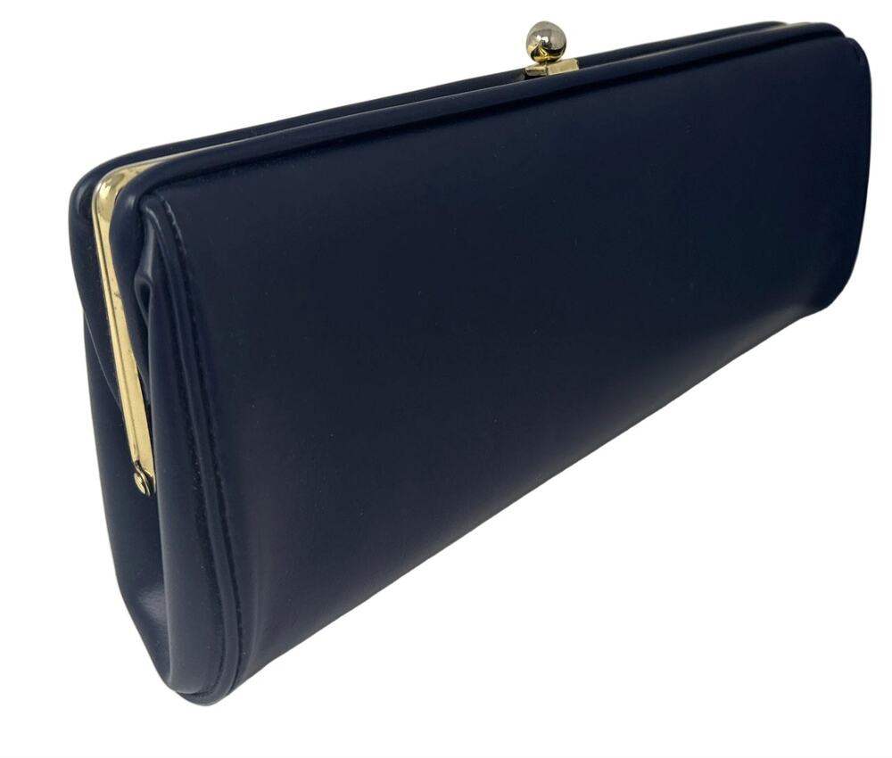 Vintage 80s Navy Blue Vinyl Clutch Purse with Attached Coin Pouches